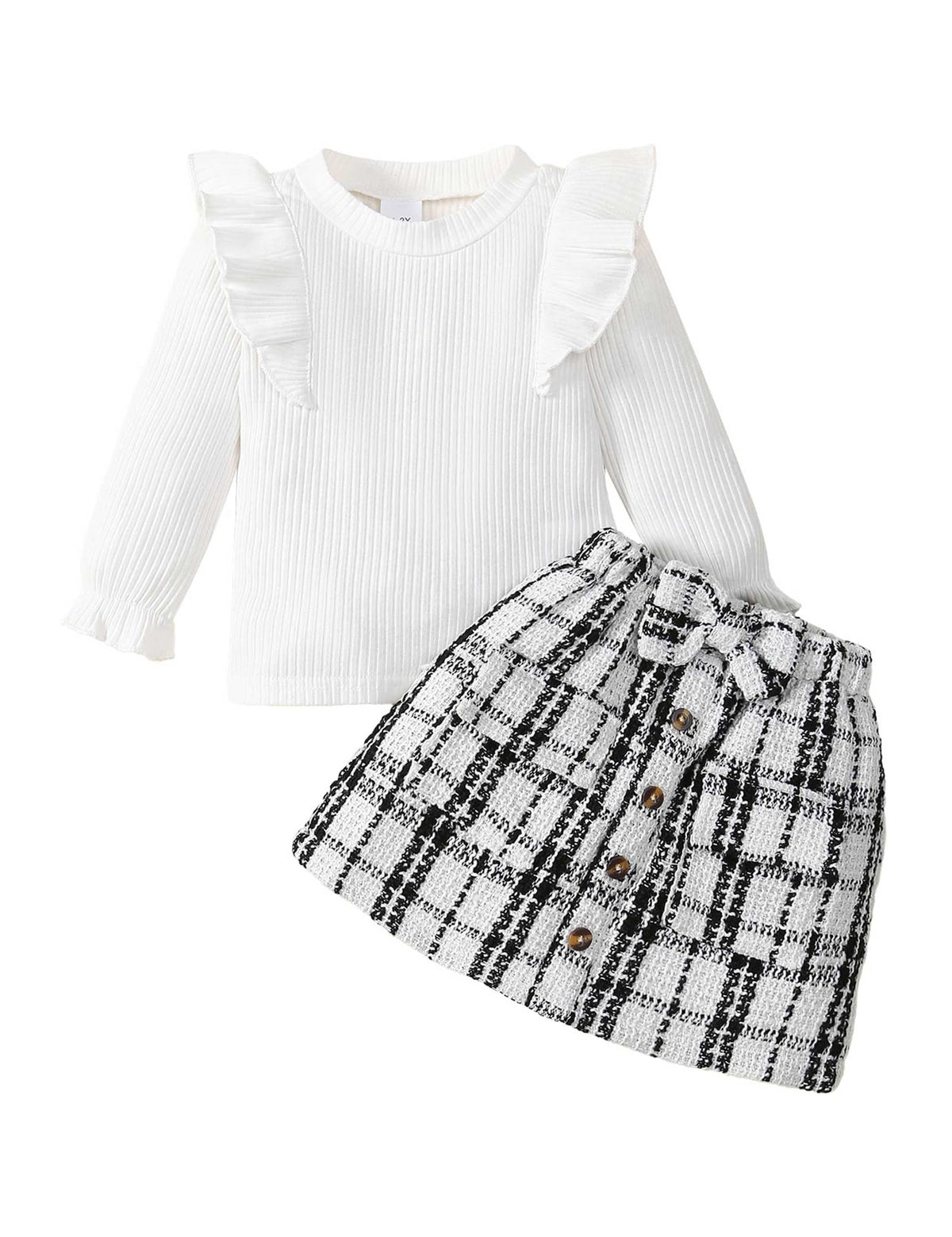 Qiraoxy Baby Girl Clothes Long Sleeve Ribbed Ruffle Tops Shirts Plaid Skirt Fashion Set 2Pcs Toddler Kids Girl Fall Winter Outfits 1-2 Years