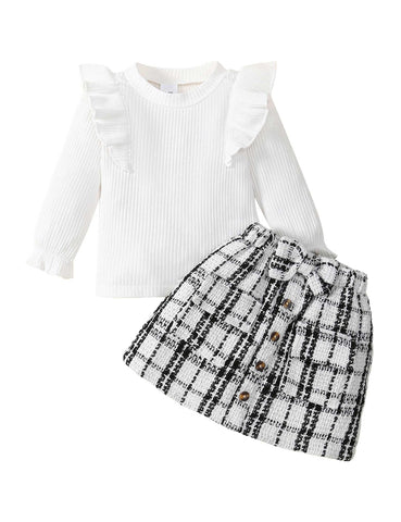 Qiraoxy Baby Girl Clothes Long Sleeve Ribbed Ruffle Tops Shirts Plaid Skirt Fashion Set 2Pcs Toddler Kids Girl Fall Winter Outfits 1-2 Years