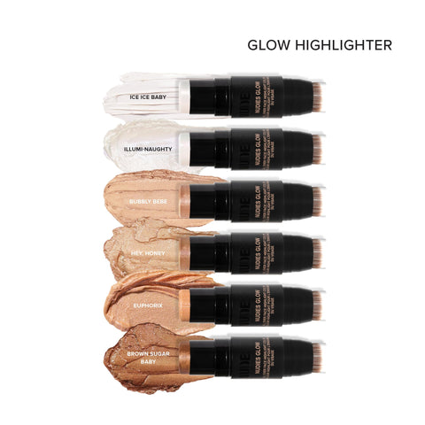 Nudestix Nudies Glow Highlighter Stick w/Blending Brush, Dewy Cream Makeup for Cheeks, Eyes, Lips, Soft Metallic Glowy Face Color and Contour, 0.28 oz (8g) (Bubbly Bebe)