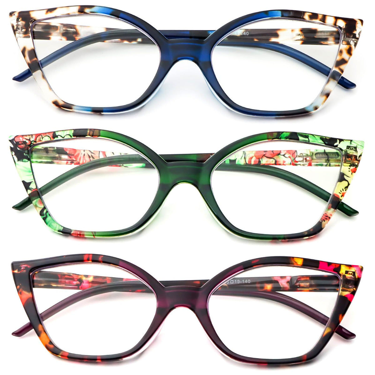 DXYXYO Floral Cat Eye Reading Glasses 1.5 Women, 3 Pack Anti Blue Light Computer Readers Stylish Retro with Spring Hinge, Blue+Purple+Green