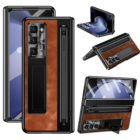 XIMAND for Samsung Galaxy Z Fold 5 Case with Slim S-Pen Holder & Capacitance Pen, Kickstand Premium Jazz Retro Leather Soft Touch Shockproof Hard Full-Body Screen Hinge Protection -Brown