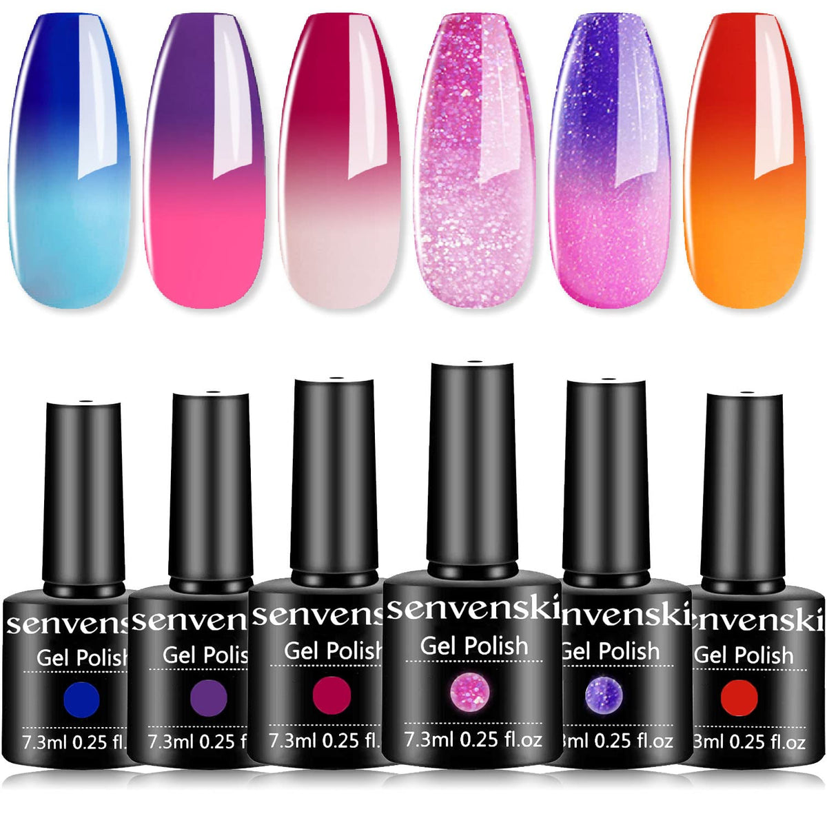 Senvenski Color Changing Gel Nail Polish Blue Purple Red Pink Yellow Orange Glitter Mood Chameleon Temperature Gift UV LED Art Manicure Varnish (WB6-005)