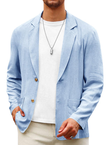 Runcati Mens Casual Linen Blazer Suit Jacket Two Button Slim Fit Lightweight Business Sport Coats Sky Blue