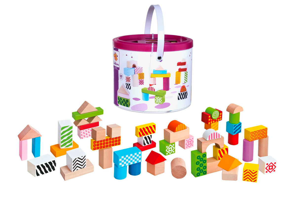 Wooden Building Blocks Construction Set | 50 Colourful Pieces Crafted From Beech Wood | Comes with Storage Can with Shapesorter Lid| Ages 1+