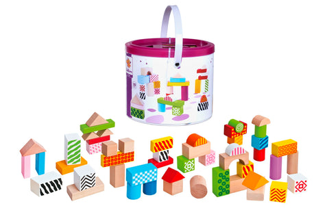 Wooden Building Blocks Construction Set | 50 Colourful Pieces Crafted From Beech Wood | Comes with Storage Can with Shapesorter Lid| Ages 1+