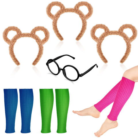 Syhood 7 Pieces Chipmunks Costumes Set Include 3 Pieces Chipmunk Ears Headband 1 Pair Black Round Frame Glasses 3 Pairs Leg Warmers for Adults Teens Halloween Party Cosplay Drama