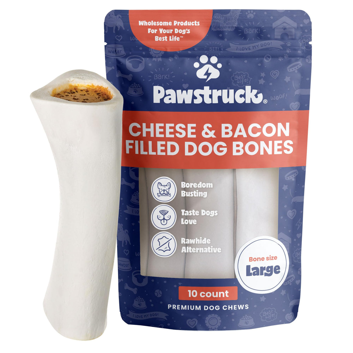 Pawstruck Large 5-6" Filled Dog Bones, Cheese & Bacon Flavor - Made in USA Long Lasting Stuffed Femur for Aggressive Chewers Dental Treat - Pack of 10 - Packaging May Vary