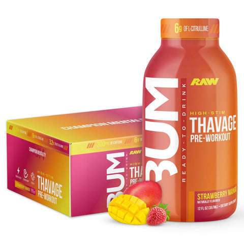 RAW Ready to Drink Pre-Workout Drink - BUM Thavage RTD Protein Shakes - Meal Replacement Energy Supplement Drinks with Beta Alanine, L-Citrulline & Caffeine - Zero Sugar (12 Pack, Strawberry Mango)