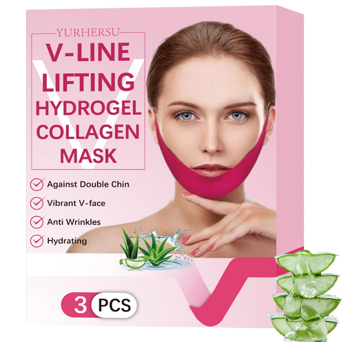 Rosarden V Line Lifting Mask, Double Chin Mask, Hydrogel Collagen Mask With Aloe Vera & Seaweed, Chin Lift, Firming Skin, Anti-Wrinkle Face Masks, 3 Pieces