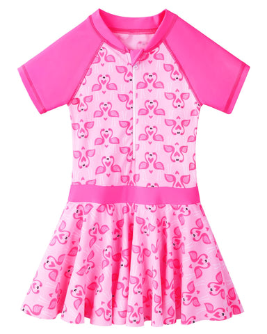 BAOHULU Toddler Girls Swimsuit One Piece Short Sleeve Floral Dress Swimwear 3-8 Years S386_PinkSwan_152/158