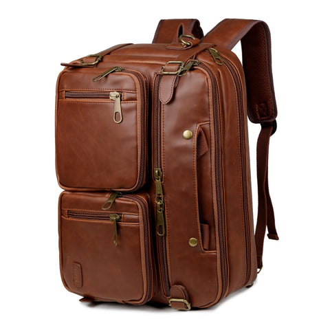 Faux Leather Backpack Briefcase Hybrid 17 Inch Laptop Bag Men's Shoulder Bag Carry On Backpack Shoulder Bag Multi-Purpose Shoulder Bags Work Bag for Men HB-22, brown