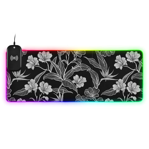 Colorless Flowers Leaves Wireless Charging Mouse Pad for Mobile Phone Extra Large Gaming Mousepad with 13 Lighting Modes Extended Desk Mat for Gaming MacBook PC Laptop Desk Office Home