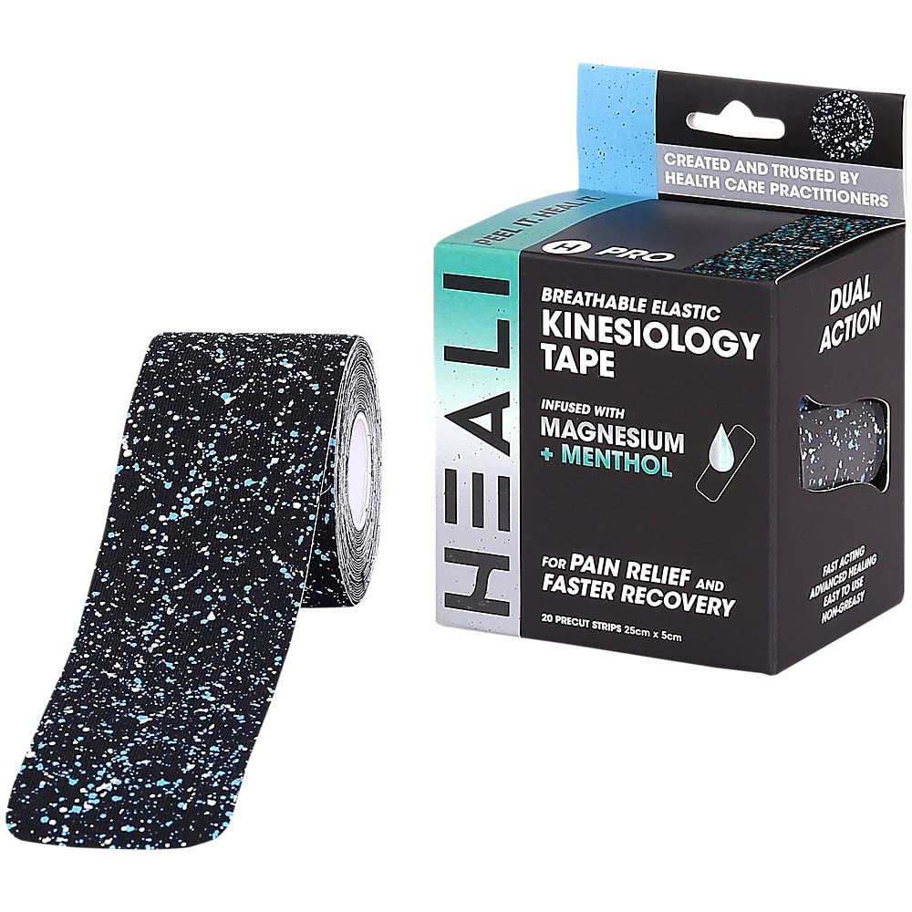 Heali Precut Kinesiology Tape Infused with Magnesium & Menthol - Roll - 20 Strips - 2" x 10" (5cm x 25cm) - Synthetic Silk, Latex Free, Strong Adhesive to Last 4-7 Days -Splatter Paint Design