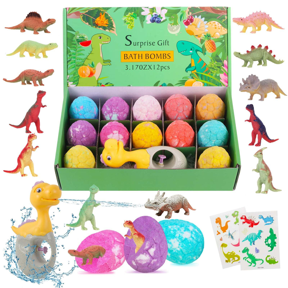 Bath-Bomb-Gift-Set, Easter Basket Stuffers for Toddlers, Dinosaur Egg Bath Bombs for Kids, Colorful Easter Eggs Filled with Surprise Inside, Birthday Gift, Easter Egg Filler Gift for Boys Girls