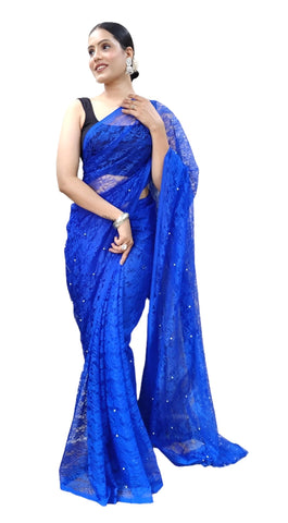 Sidhidata Women's Net Pearl work Ready To Wear Saree With Unstitched Blouse Piece (Rasal Royal Blue_Royal Blue_Free Size)