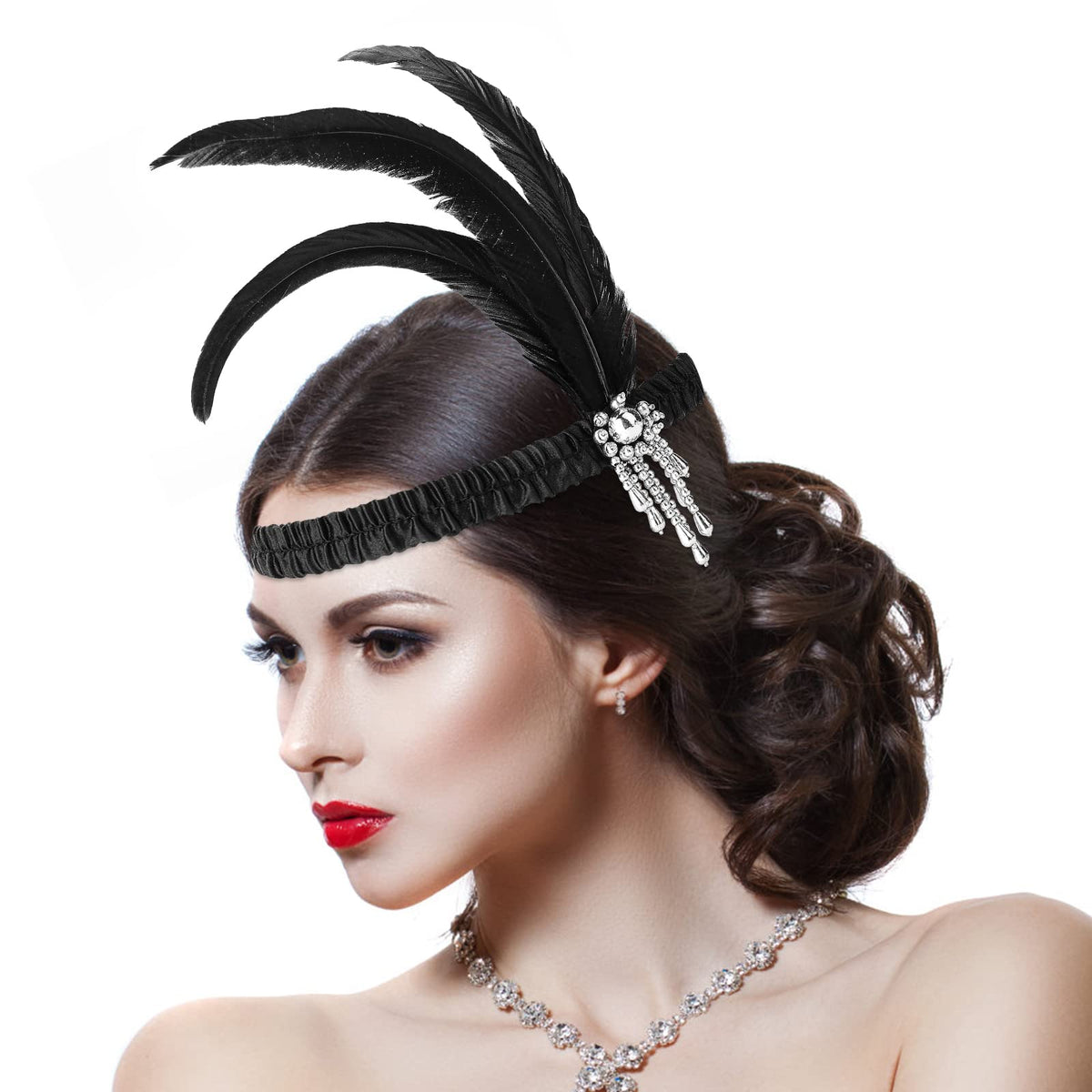 WLLHYF Feather Headwear, Feather Headband Flapper Headpiece Head Wear Fashion Soft and Comfortable Hair Bows Hair 1920s Accessories for Kids Girls Party Decoration (Silver Tassel Black Feather)