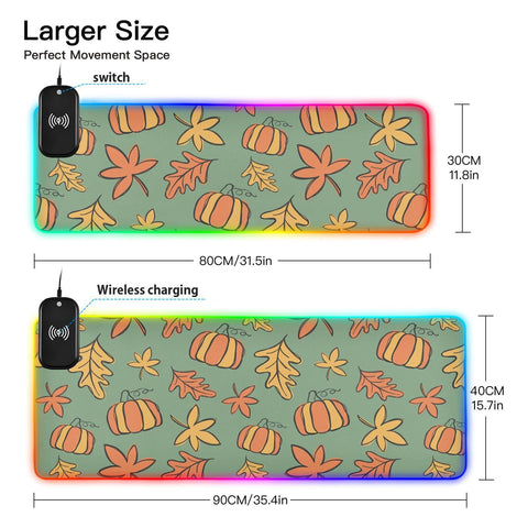 Autumn Fall Leaves Pumpkins Thanksgiving Wireless Charging Mouse Pad for Mobile Phone Extra Large Gaming Mousepad with 13 Lighting Modes Computer Mat for Gaming MacBook PC Laptop Desk Office Home