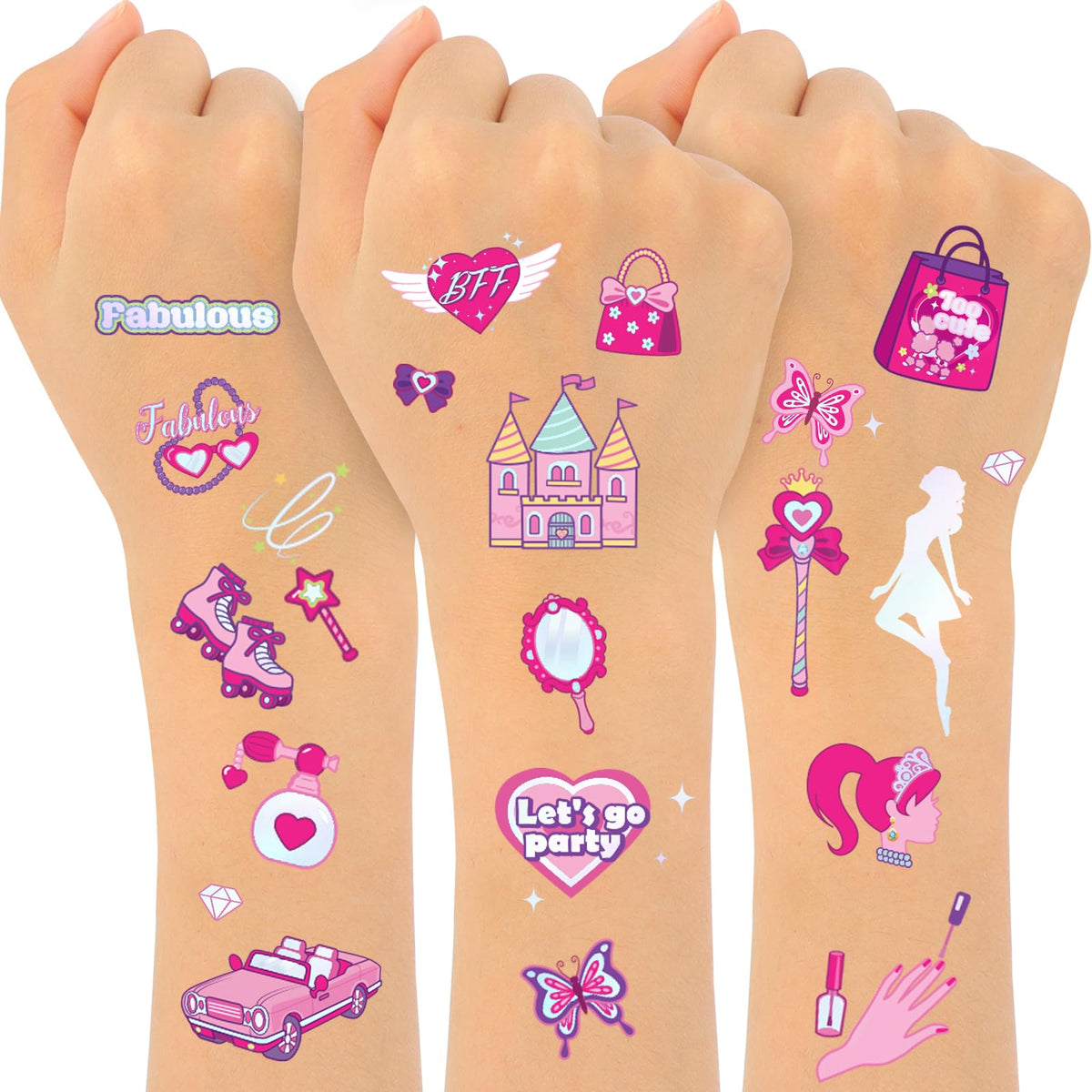 Konsait 96pcs Glitter Pink Temporary Tattoos for Girls Kids Tattoos Temporary for birthday party -Waterproof Princess Fairy Tattoos for Birthday Party Favors