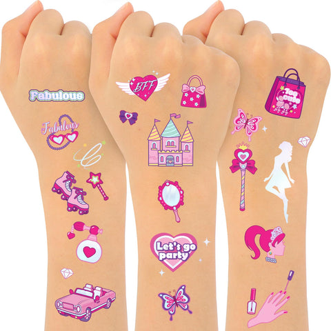 Konsait 96pcs Glitter Pink Temporary Tattoos for Girls Kids Tattoos Temporary for birthday party -Waterproof Princess Fairy Tattoos for Birthday Party Favors