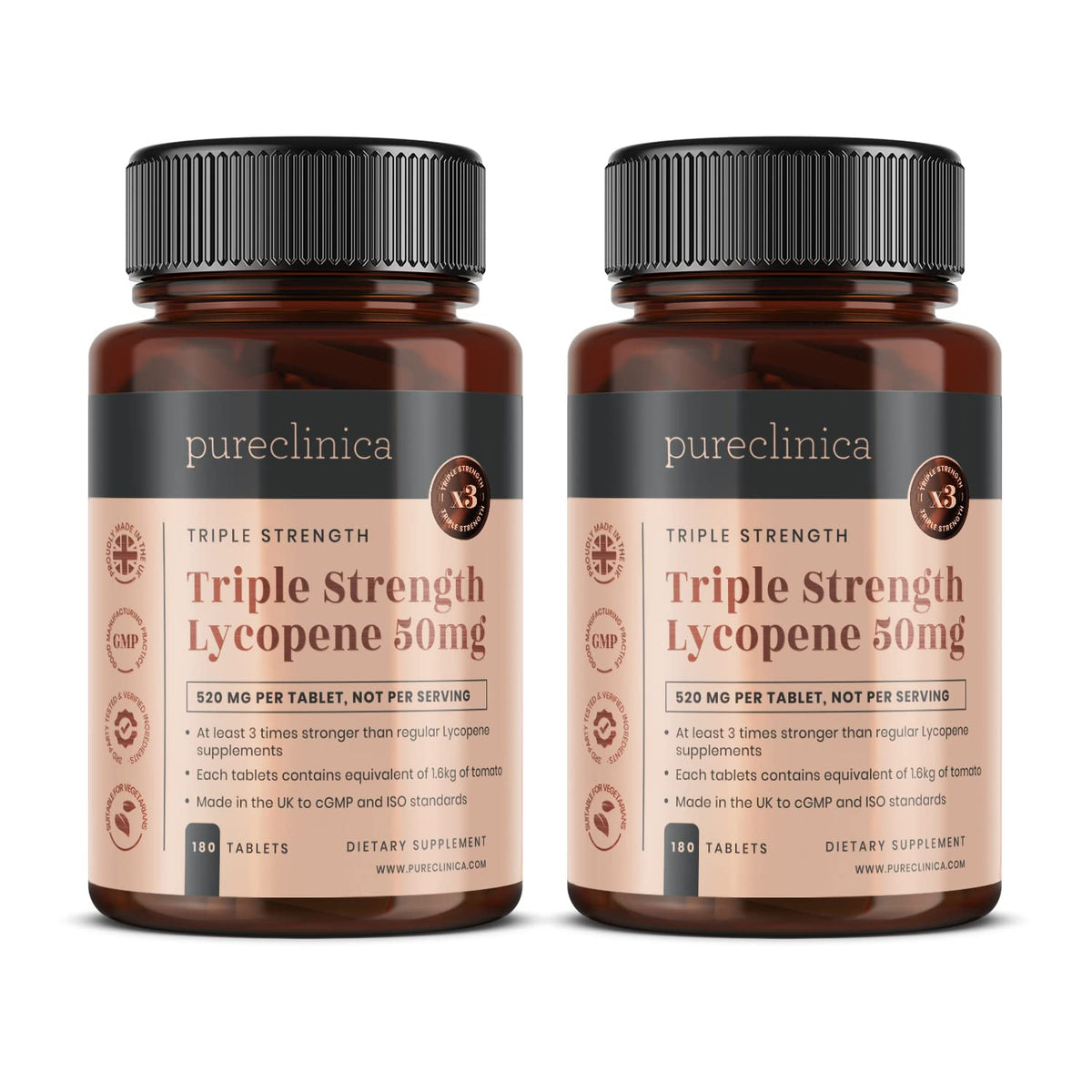 Lycopene 50mg x 360 tablets (2 bottles of 180 tablets each - 12 months supply). Triple The strength of regular lycopene supplements.