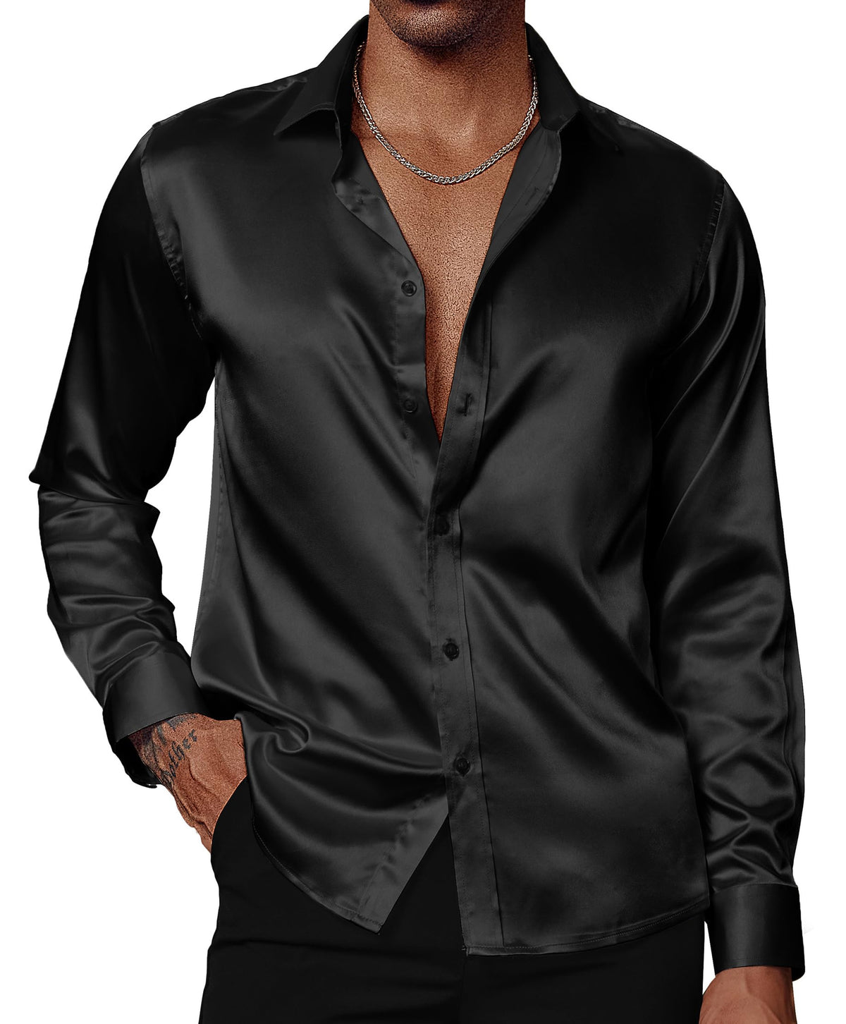 PJ PAUL JONES Men's Shiny Satin Dress Shirts Long Sleeve Button Down Silk Shirt with Bow Tie, Black, L