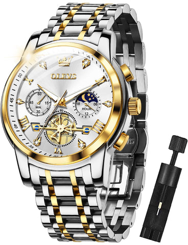 OLEVS Mens Watches White Diamond Chronograph Fashion Casual Dress Wrist Watch Moon Phase Luminous Waterproof
