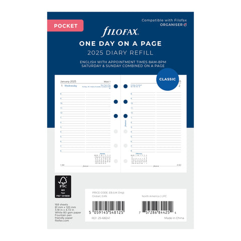 Filofax Calendar Diary Refill, Pocket Size, Day on One Page with Appointments, Ruled, White Paper, English, 2025 (C68241-25)
