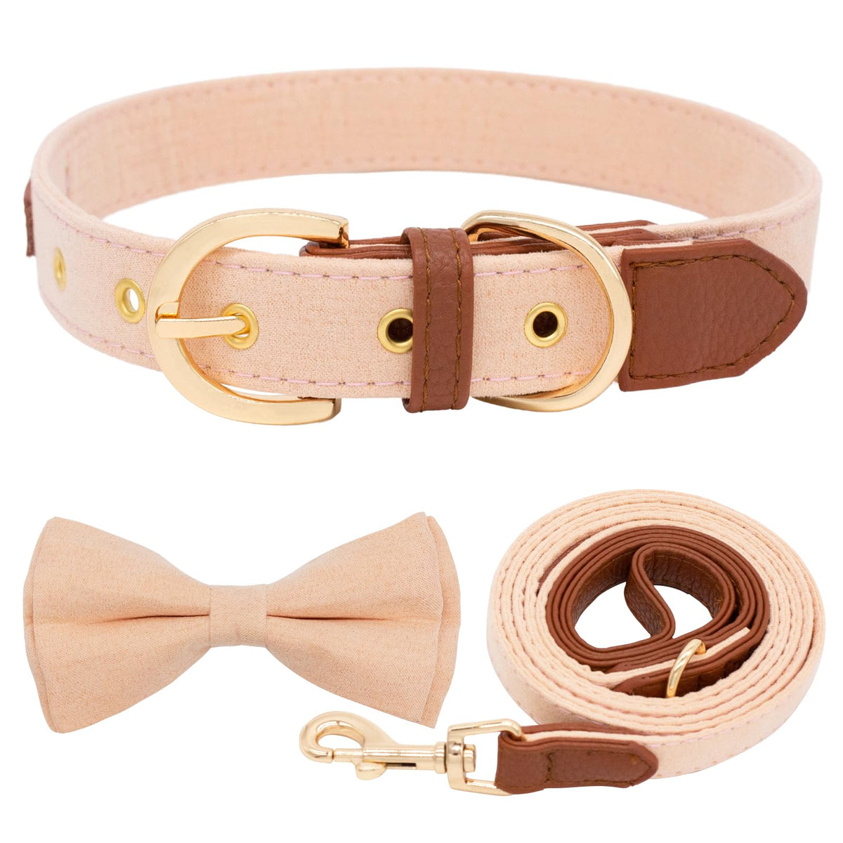 HSIGIO Dog Collar and Laesh Set Adjustable Bow Tie Dog Collar Soft Leather Dog Leash and Collars Combo for Puppy Small Medium Large Dogs, Flesh Pink, L