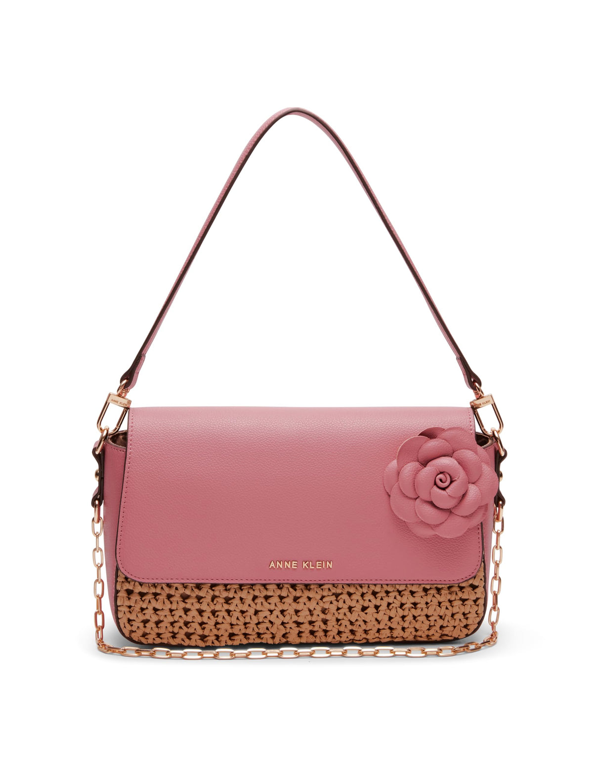Anne Klein Soft Straw Flap Shoulder Bag with Floral Applique, Natural/Vintage Pink