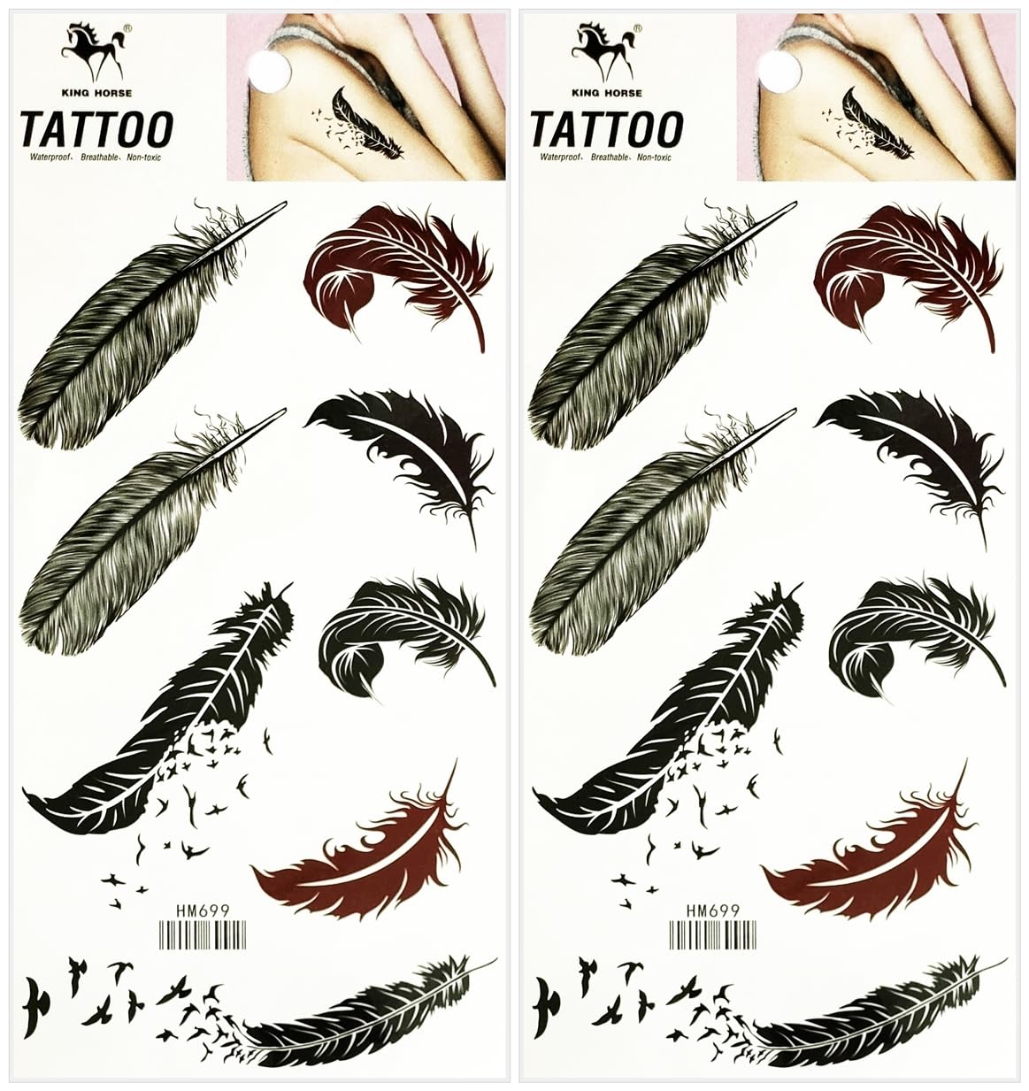 Bird Feather Tattoos Waterproof Temporary Fake Tattoo Leg Arm for Men Women Sticker Decal Festival Body Paint (Pack 2 PCS.)