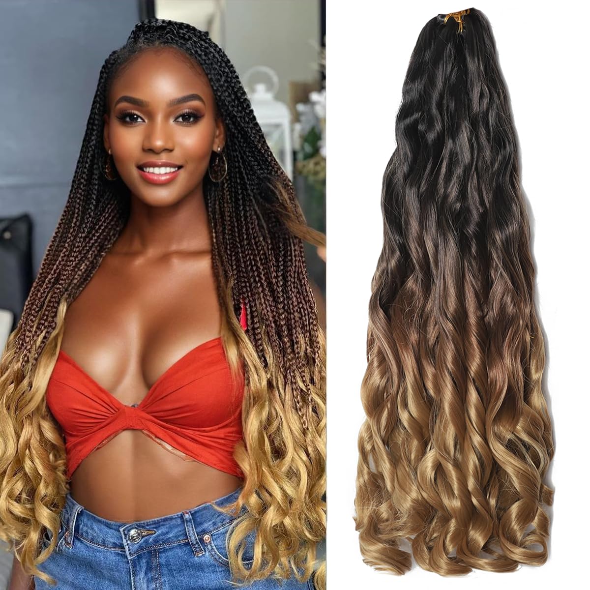 French Curl Braiding Hair 24 Inch 8 Packs Pre Stretched Loose Wave Bouncy Braiding Hair Spanish Curly Ends Synthetic Hair Extensions for Braiding?1B/30/27?