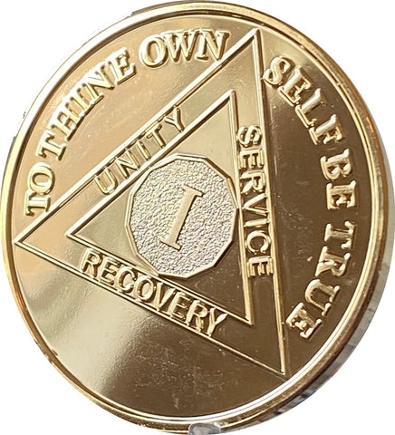 1 Year AA Medallion Large 1.5 Inch 22K Gold Plated Sobriety Chip