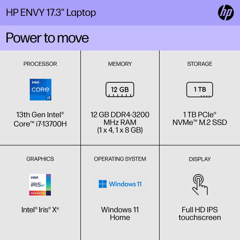 HP Envy 17 inch Laptop, FHD Touch Display, 13th Generation Intel Core i7-13700H, 12 GB RAM, 1 TB SSD, Intel Iris Xe Graphics, Windows 11 Home, 17-cr1010nr (2023)