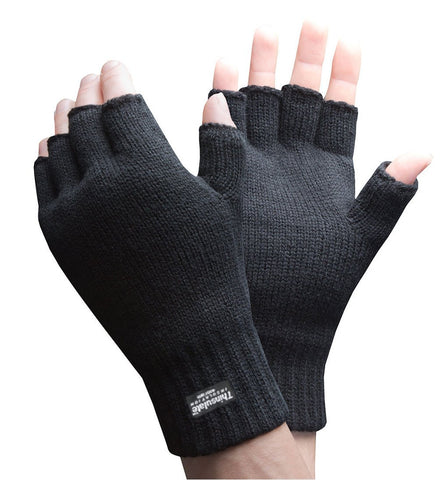 Mens Womens Black Fingerless Thinsulate Lined Thermal Knitted Gloves