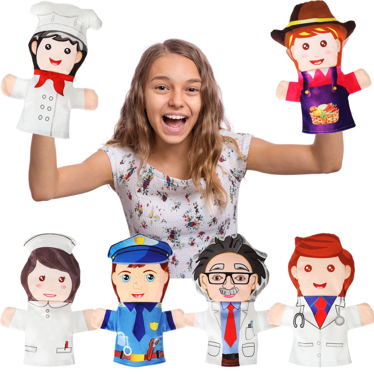 Poen 6 Pcs 11.8 Inch Role Play Hand Puppets Career Hand Puppet Set Scientist Cook Nurse Police Officer Farmer Doctor Soft Educational Puppets for Kids Toddlers Community Helper Career Series, 6 Styles
