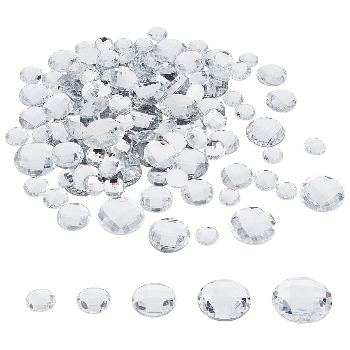 FINGERINSPIRE 170Pcs Flat Back Round Acrylic Rhinestone 5 Sizes (12mm 14mm 18mm 22mm 25mm) Circle Gems with Container Clear Cosplay Costume Gems Acrylic Rhinestone for Costume Making Cosplay Crafts