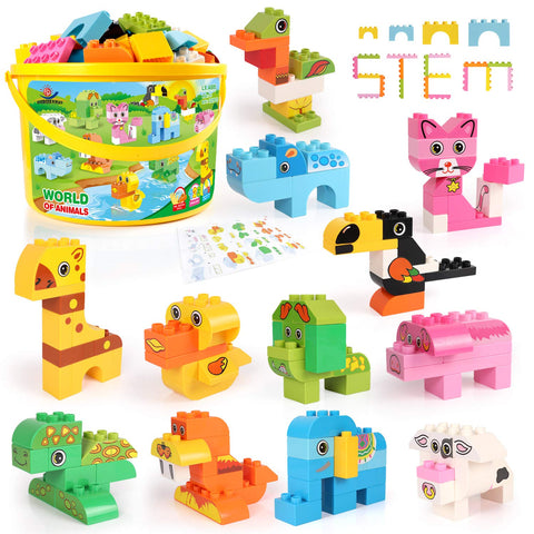 Building Blocks Set for Toddlers, Creative Large Building Bricks, Toy Animals Building Kit with Storage Box, Preschool Learning Educational Toys for Kids Boys Girls Gifts for 3+ Years Old (122 Pieces)
