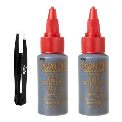 Hair Bonding Glue, 1 Fl Oz - Durable & Secure Hair Glue for Extensions with Moofin Eyebrow Tweezers - Suitable for All Hair Types - Black (Pack of 2)