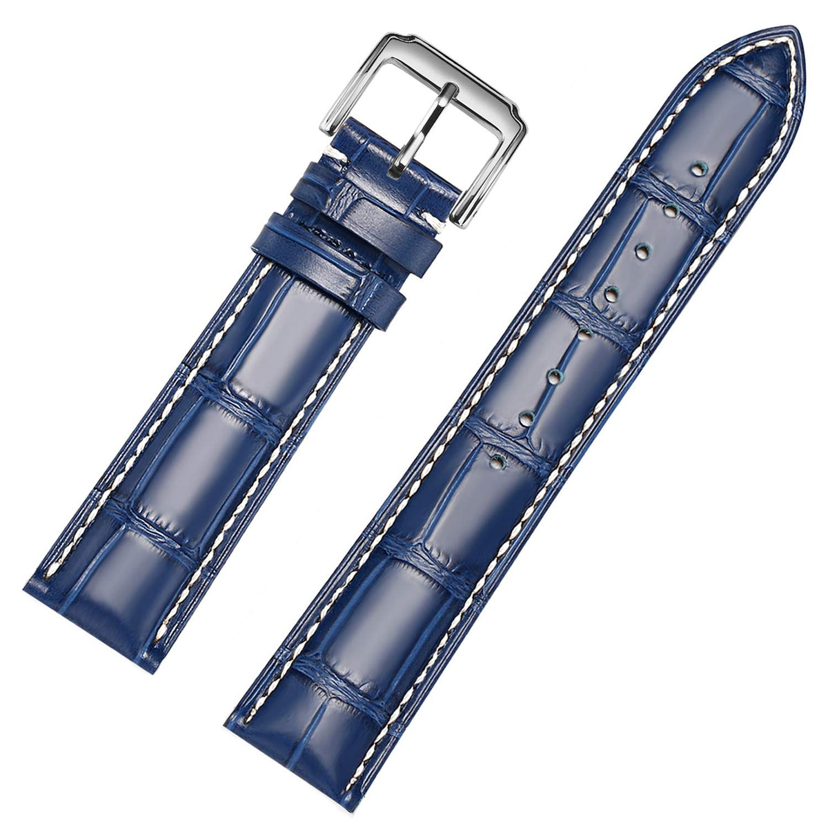 MUENShop Genuine Leather Watch Straps Stainless Steel Buckle,18mm-24mm Black Brown Embossed Grain Classic Design Calf Leather Replacement Watch Band for Men Women (23mm, Blue + white line)