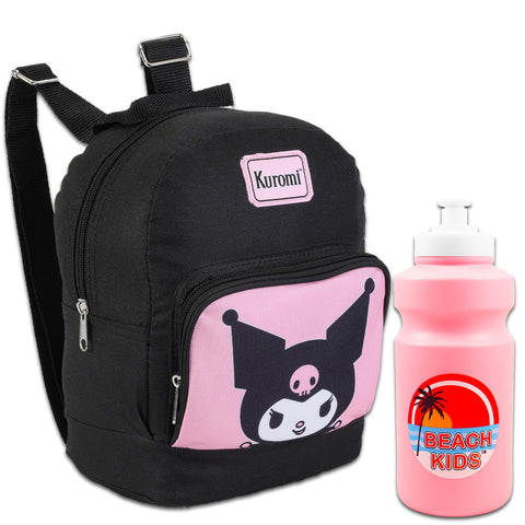 Kuromi Mini Backpack Set for Kids - 10Ã¢â‚¬Â Canvas Kuromi Backpack with Front Pocket Plus Water Bottle | Hello Kitty and Friends Backpack Bundle