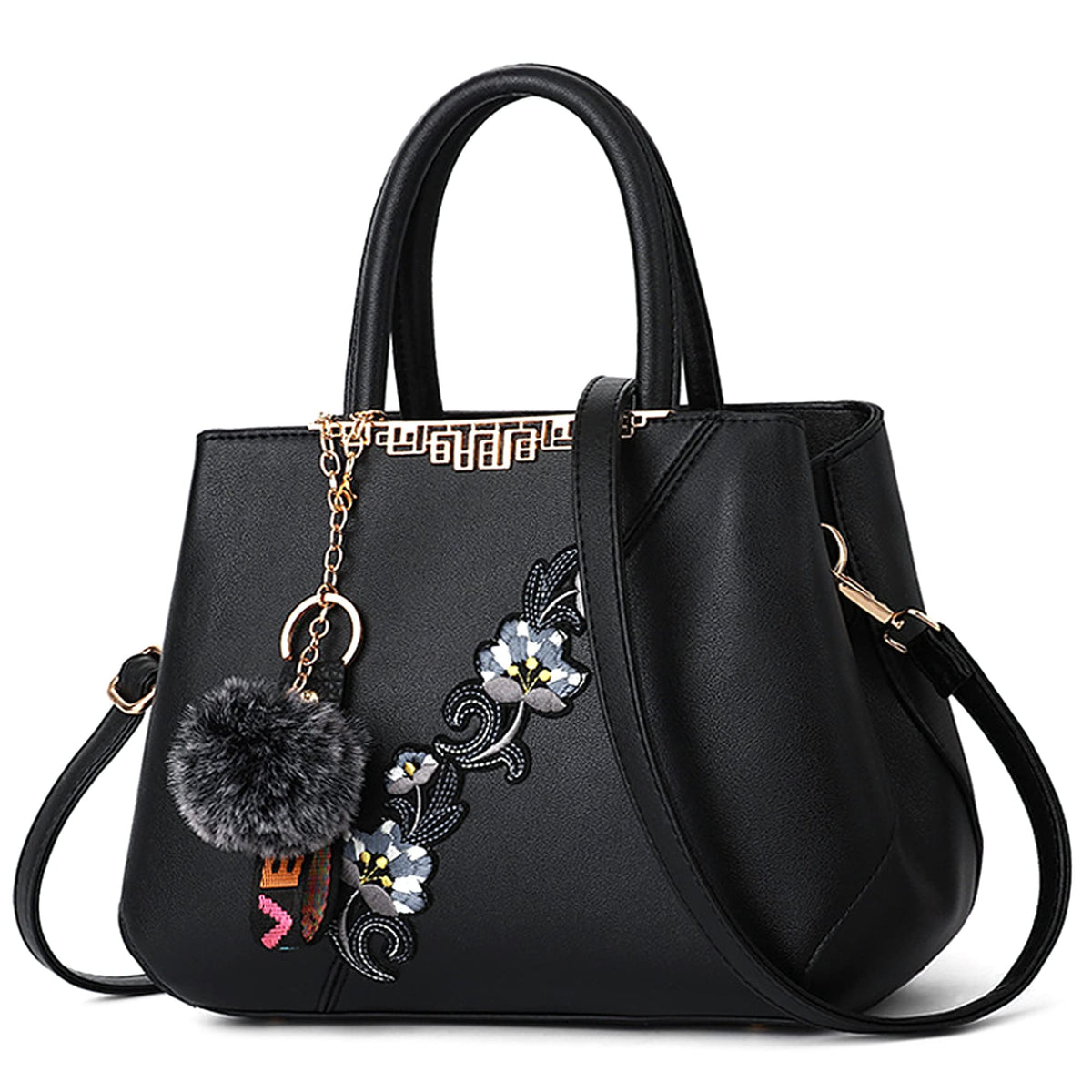 VARLIVOO Women Top-Handle Bag Flower Pattern Shoulder Bag Pom Pom Decoration Ladies Tote Bag Messenger Bag Travel Waterproof PU Leather