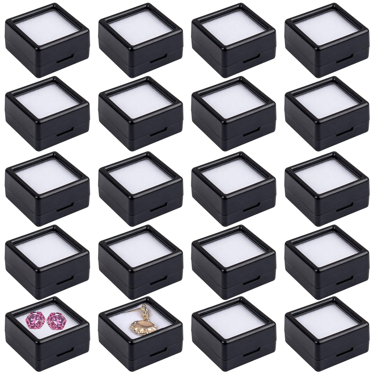 Framendino, 20 Pack Black Gemstone Display Boxes Square Jewelry Show Box Loose Diamond Display Cases Containers Holder with Lids for Gems Coins Jewelry