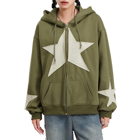 Women Y2K Zip Up Hoodie Star Print Oversized Sweatshirts Fairy Grunge Graphic Hooded Jacket Harajuku Aesthetic E-Girls Streetwear (b-Green, S)