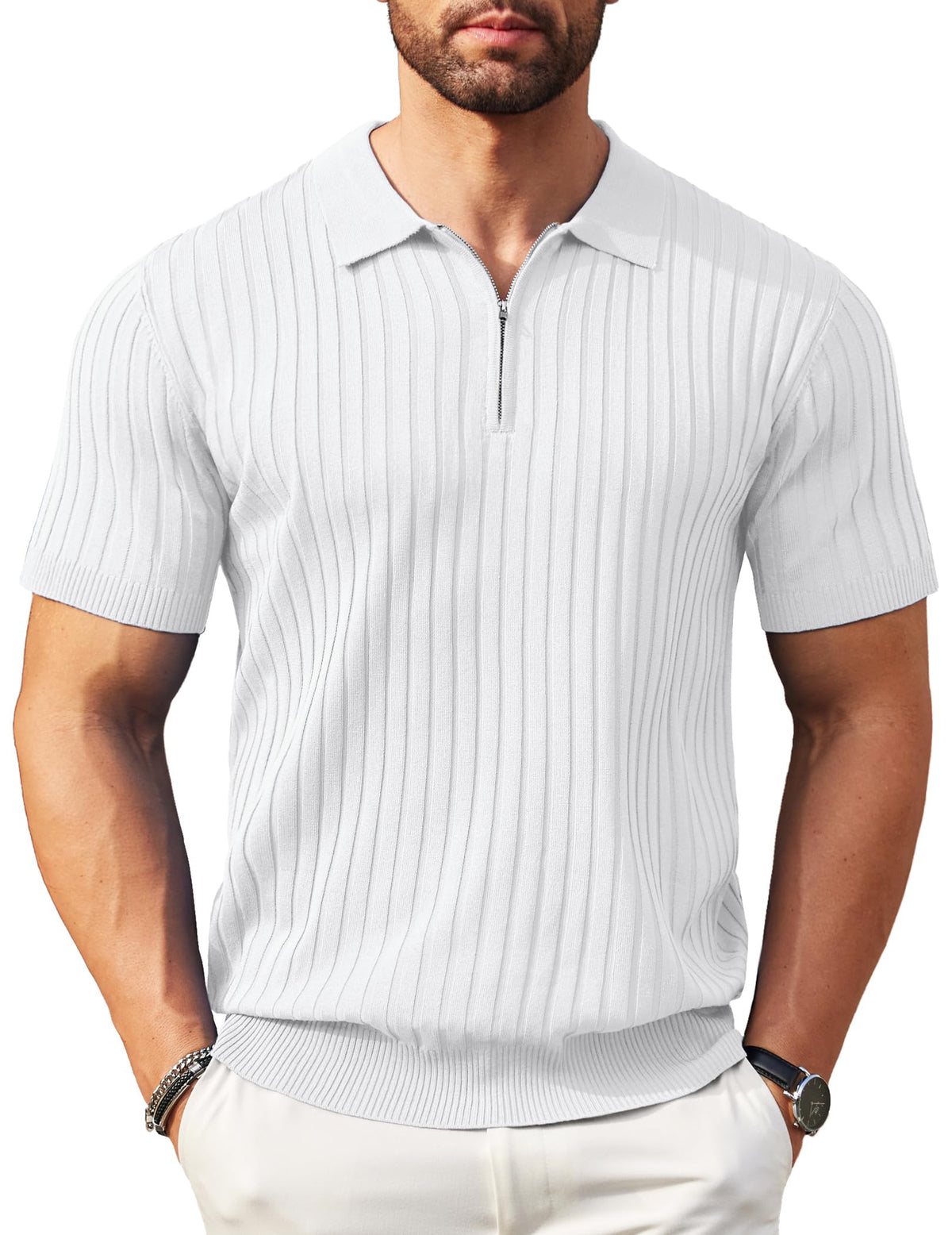 COOFANDY Men's Zipper Polo Shirts Short Sleeve Ribbed Knit Polo T Shirts Fashion Casual Golf Shirts White