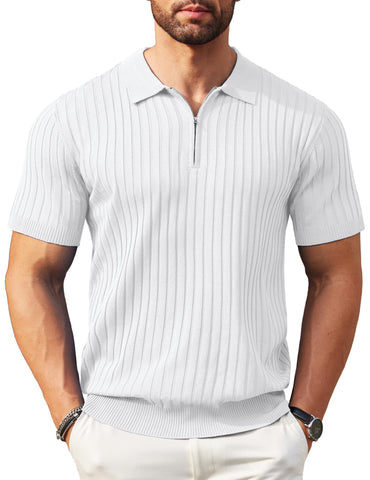 COOFANDY Men's Zipper Polo Shirts Short Sleeve Ribbed Knit Polo T Shirts Fashion Casual Golf Shirts White