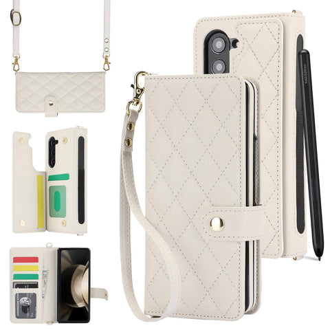 XIMAND for Samsung Galaxy Z Fold 5 Wallet Case with 6 Credit Card Slots and S-Pen Slot, RFID Blocking, Adjustable Strap, Multi Card Function Premium Leather Magnetic Clasp Kickstand Cover.(White)