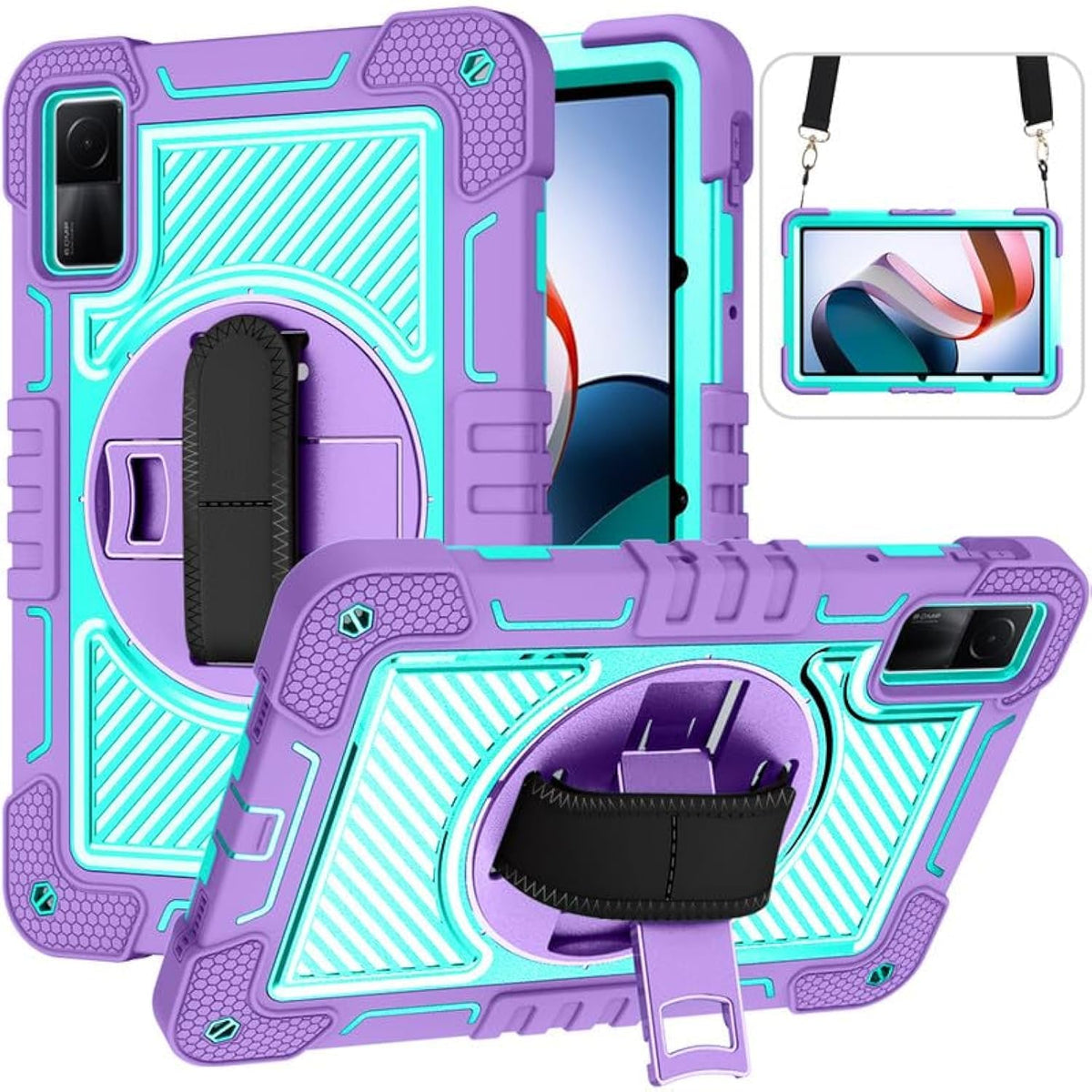 Tablet Case for Xiaomi Redmi Pad 10.61 Inch Heavy Duty Rugged Case, Three-Layer Shockproof, 360 Degree Rotation Kickstand, with Hand Shoulder Strap, Purple Mint