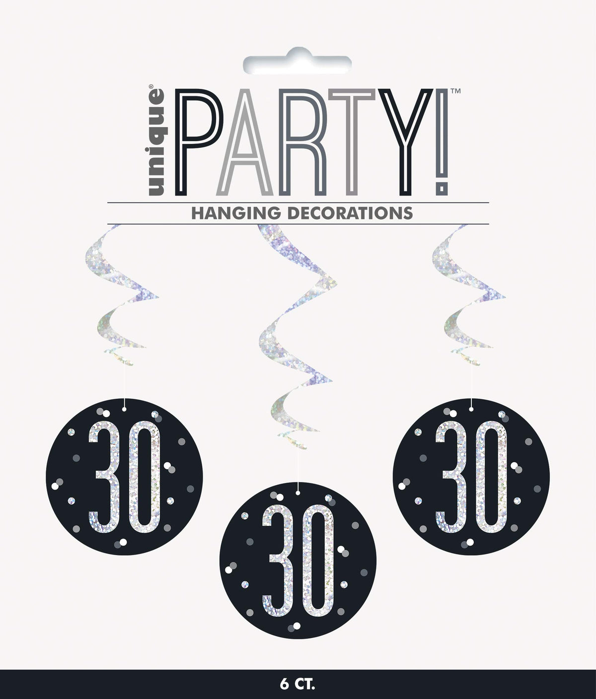 Unique 83785 Black Prismatic 30th Birthday Hanging Decorations,32" 6 Pcs, Age 30