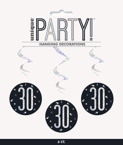 Unique 83785 Black Prismatic 30th Birthday Hanging Decorations,32" 6 Pcs, Age 30
