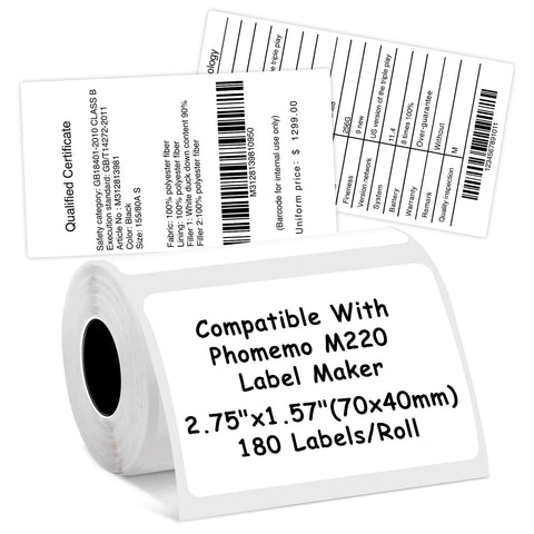 Thermal Labels Compatible with NIIMBOT B3S/K3 Label Printer,Compatible with Phomemo M220/M200/M221 Label Printer, 2.75"x1.57"(70x40mm), 180 Labels/Roll, Black on White